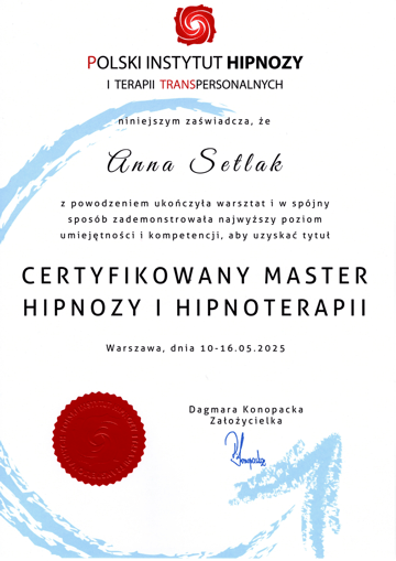 Certyfikat Master Hipnozy i Hipnoterapii